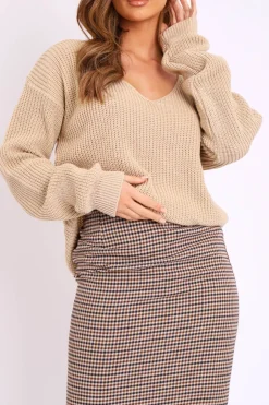 Rebellious Fashion Stone Knit Plunge Neckline Jumper - Roselie