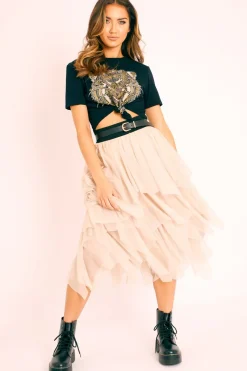 Rebellious Fashion Stone Layered Tulle Midi Skirt - Laveta