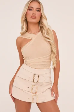 Rebellious Fashion Stone Mesh Asymmetric Strap Bodysuit - Blessing