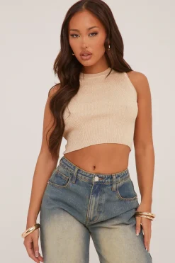 Rebellious Fashion Stone Metallic Knit Sleeveless Cropped Top - Fionaa