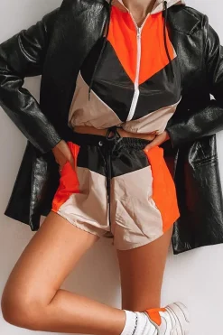 Rebellious Fashion Stone Orange Shell Hooded Jacket & Shorts - Jettie