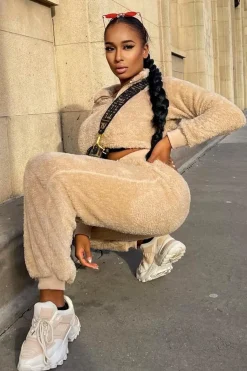 Rebellious Fashion Stone Oversized Teddy Joggers - Havana