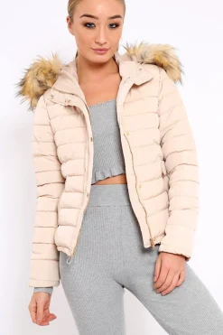 Rebellious Fashion Stone Padded Coat with Fur Trim Hood - Helena