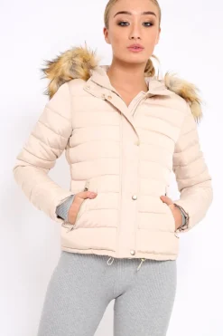 Rebellious Fashion Stone Padded Coat with Fur Trim Hood - Helena
