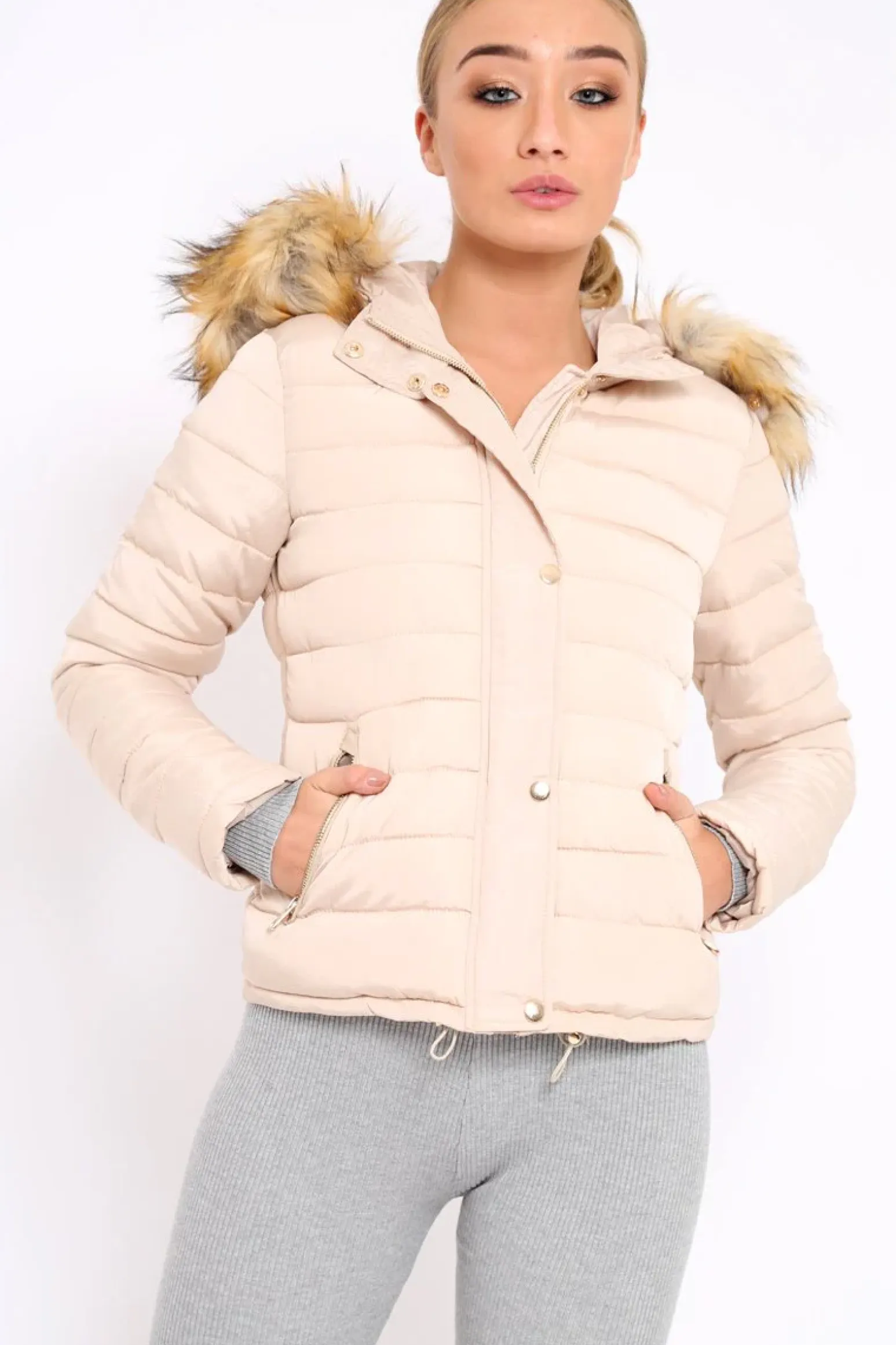Rebellious Fashion Stone Padded Coat with Fur Trim Hood - Helena