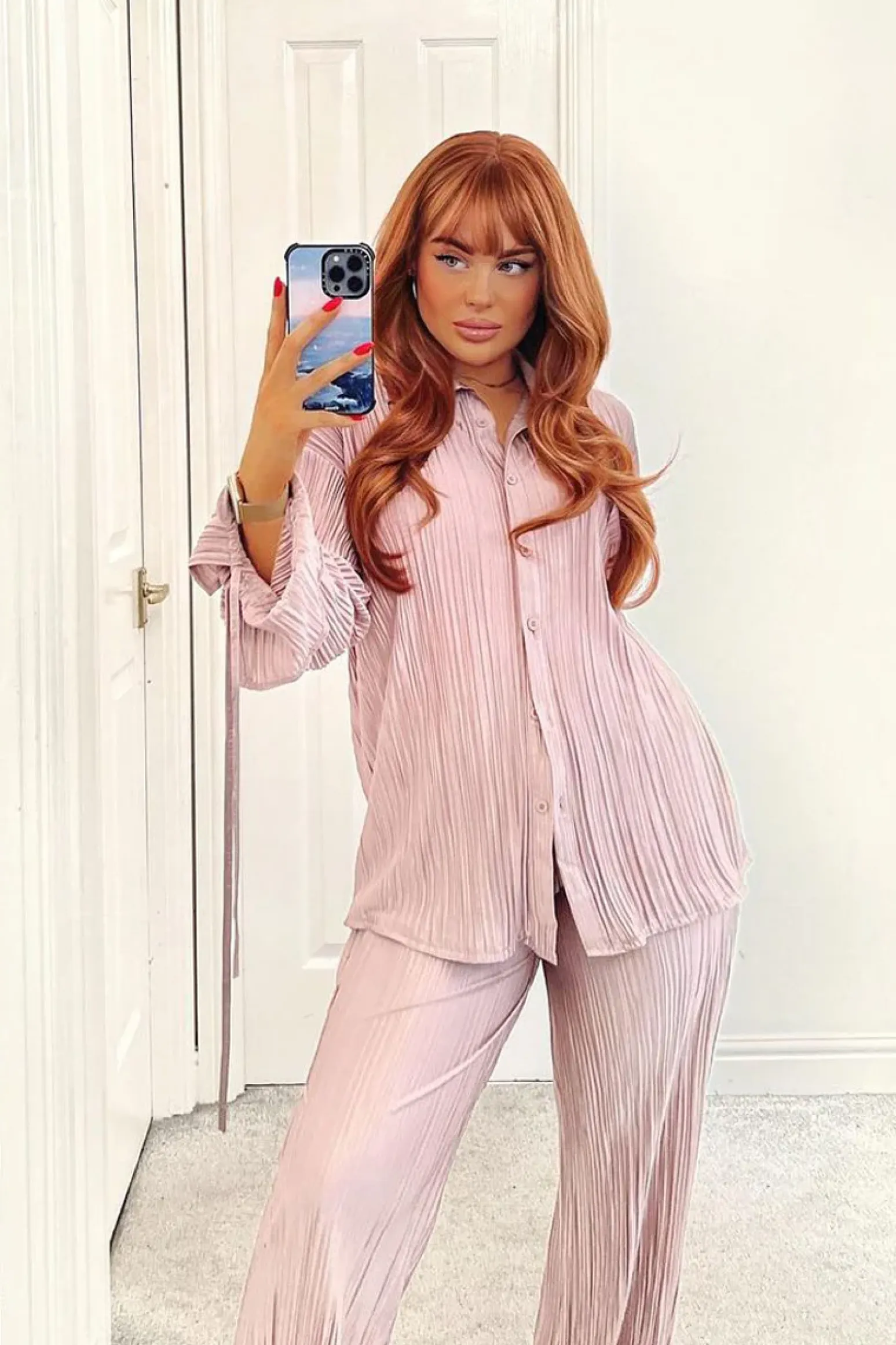 Rebellious Fashion Stone Plisse Button Front Oversized Shirt & Trouser Set - Ingrid