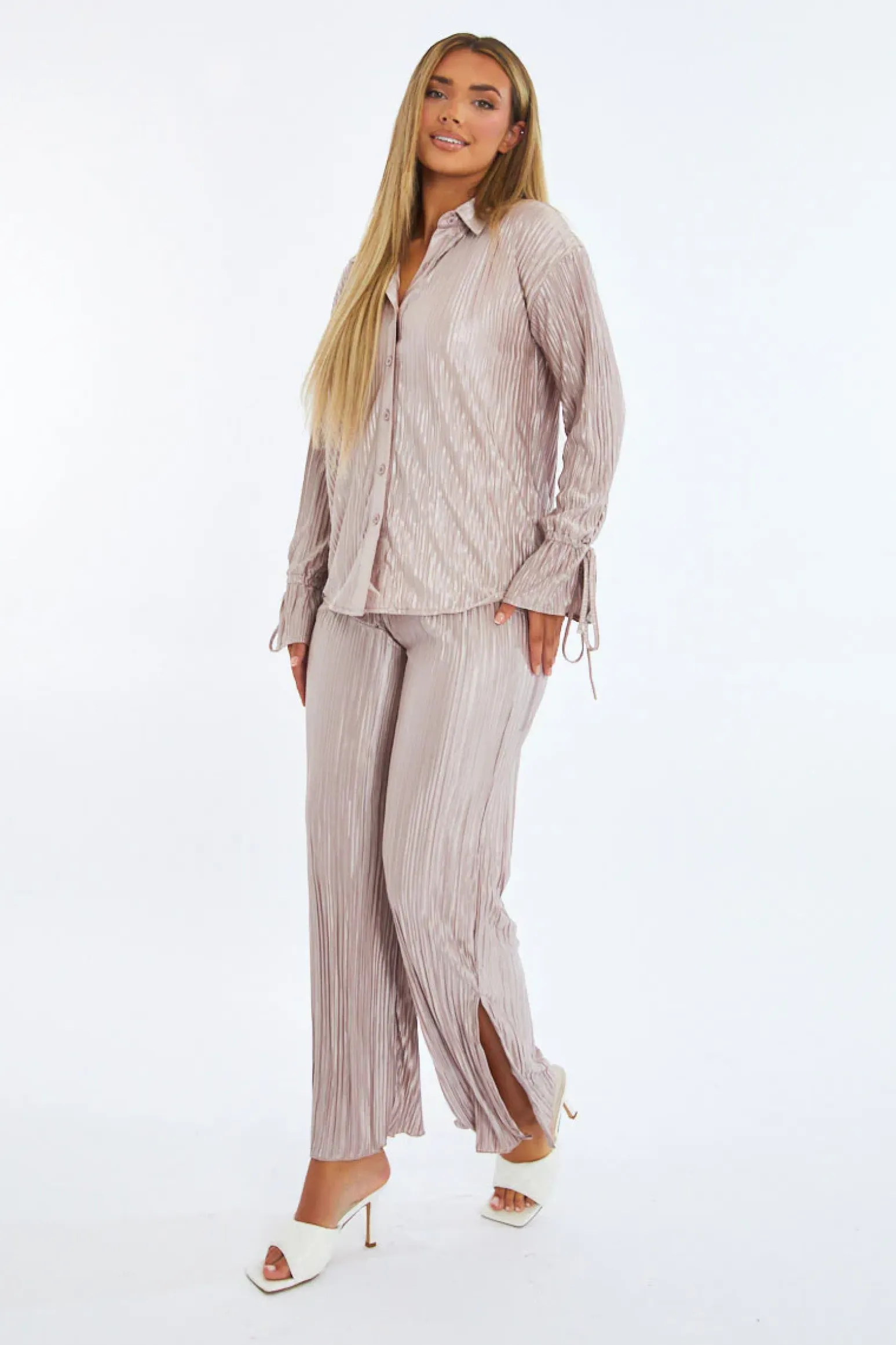 Rebellious Fashion Stone Plisse Button Front Oversized Shirt & Trouser Set - Ingrid