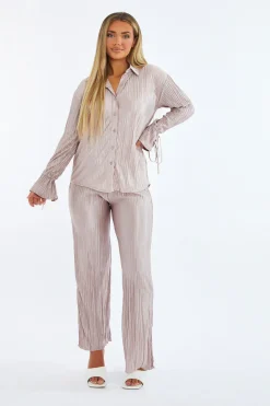 Rebellious Fashion Stone Plisse Button Front Oversized Shirt & Trouser Set - Ingrid