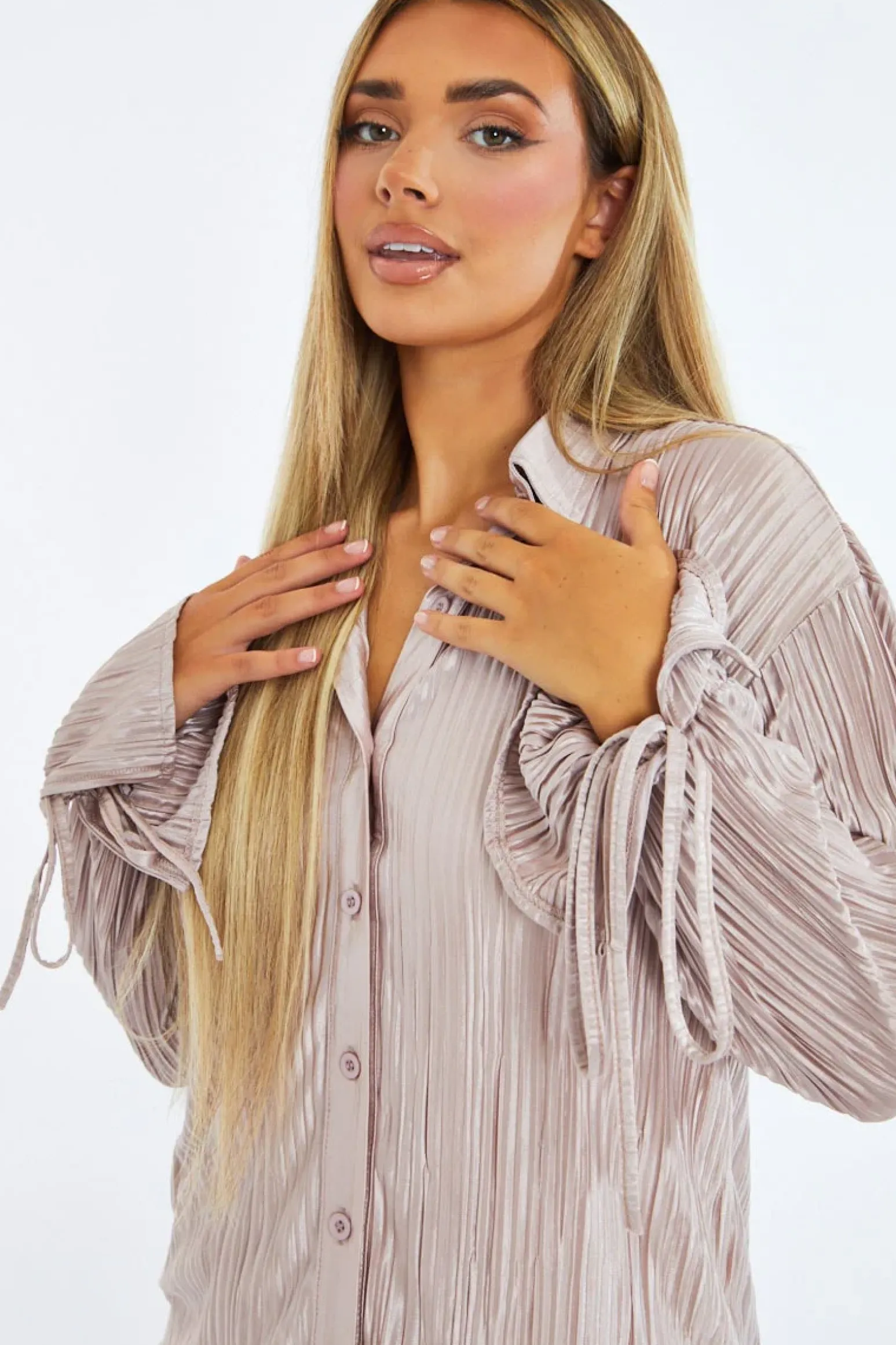 Rebellious Fashion Stone Plisse Button Front Oversized Shirt & Trouser Set - Ingrid