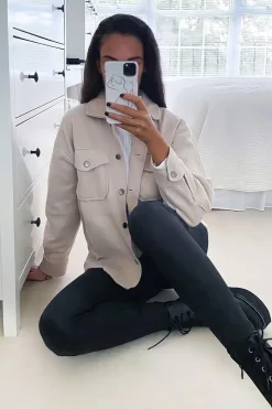 Rebellious Fashion Stone Pocket Oversized Brushed Shacket - Caley