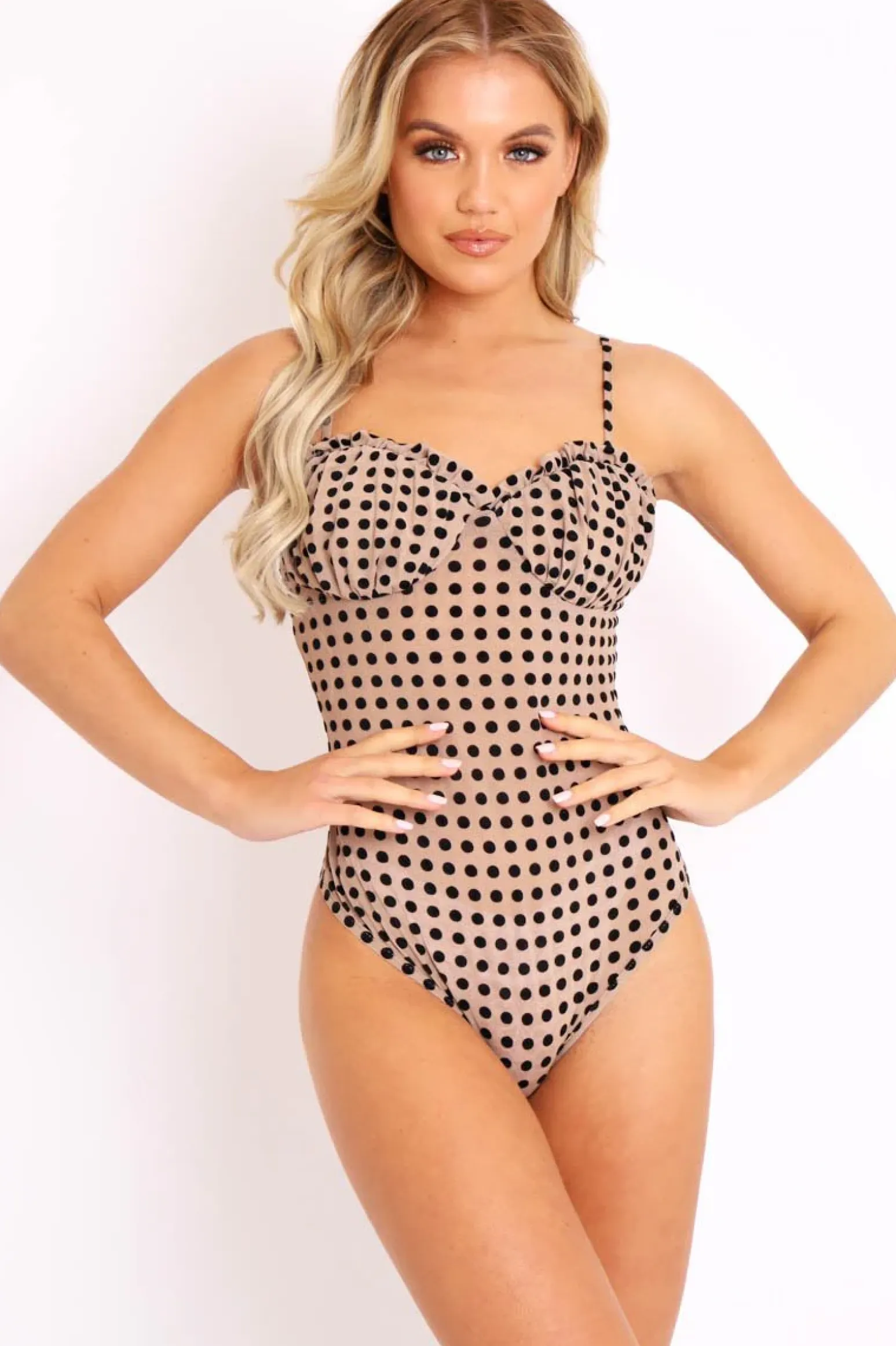 Rebellious Fashion Stone Polka Dot Cup Detail Bodysuit - Bowen