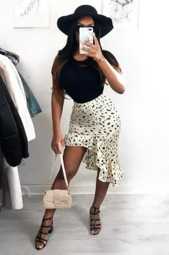 Rebellious Fashion Stone Polka Print Frilled Hem Midi Skirt - Julia