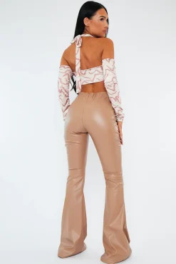 Rebellious Fashion Stone PU Leather Dipped Waist Flare Trousers - Scarlett