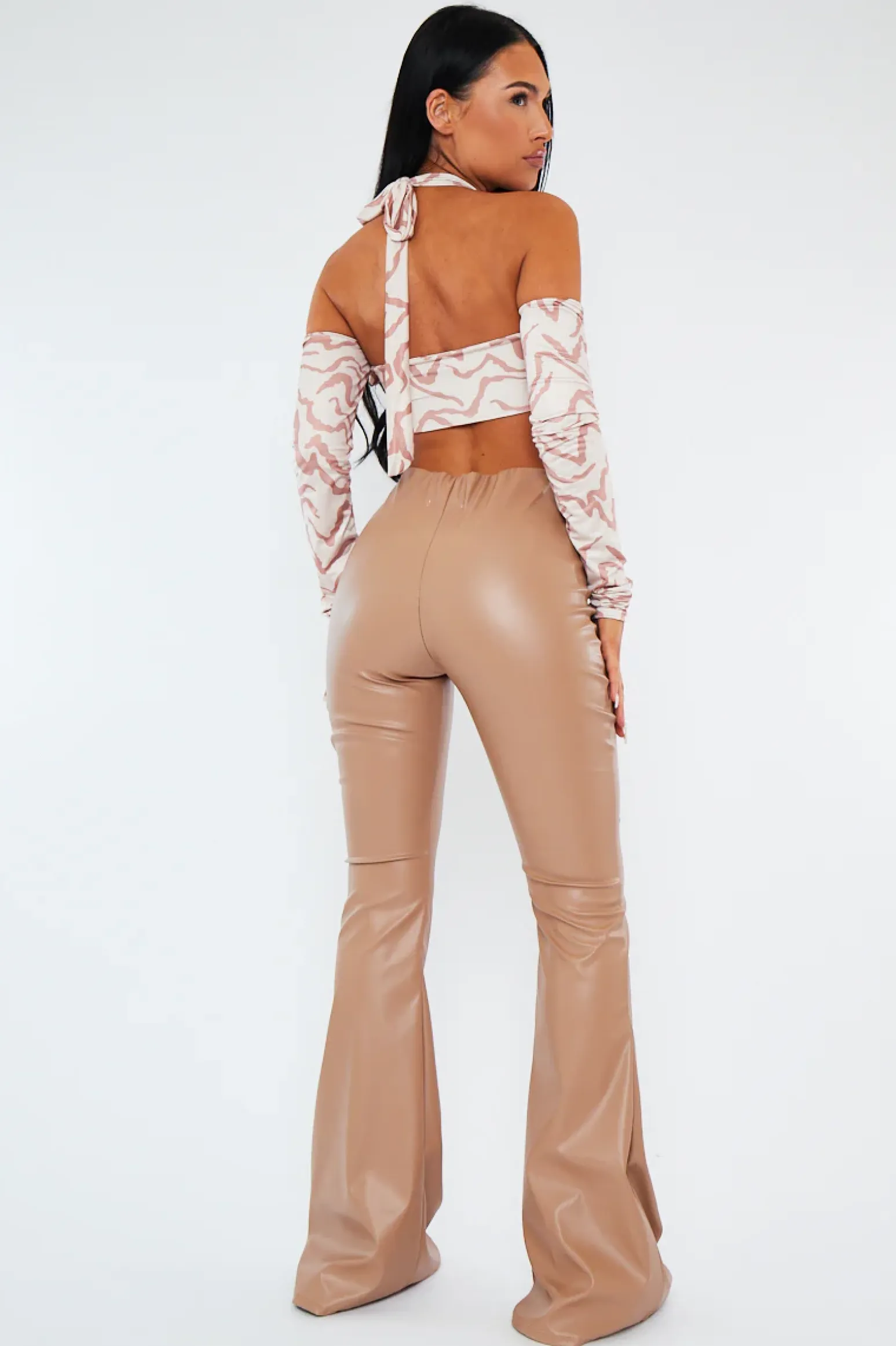 Rebellious Fashion Stone PU Leather Dipped Waist Flare Trousers - Scarlett