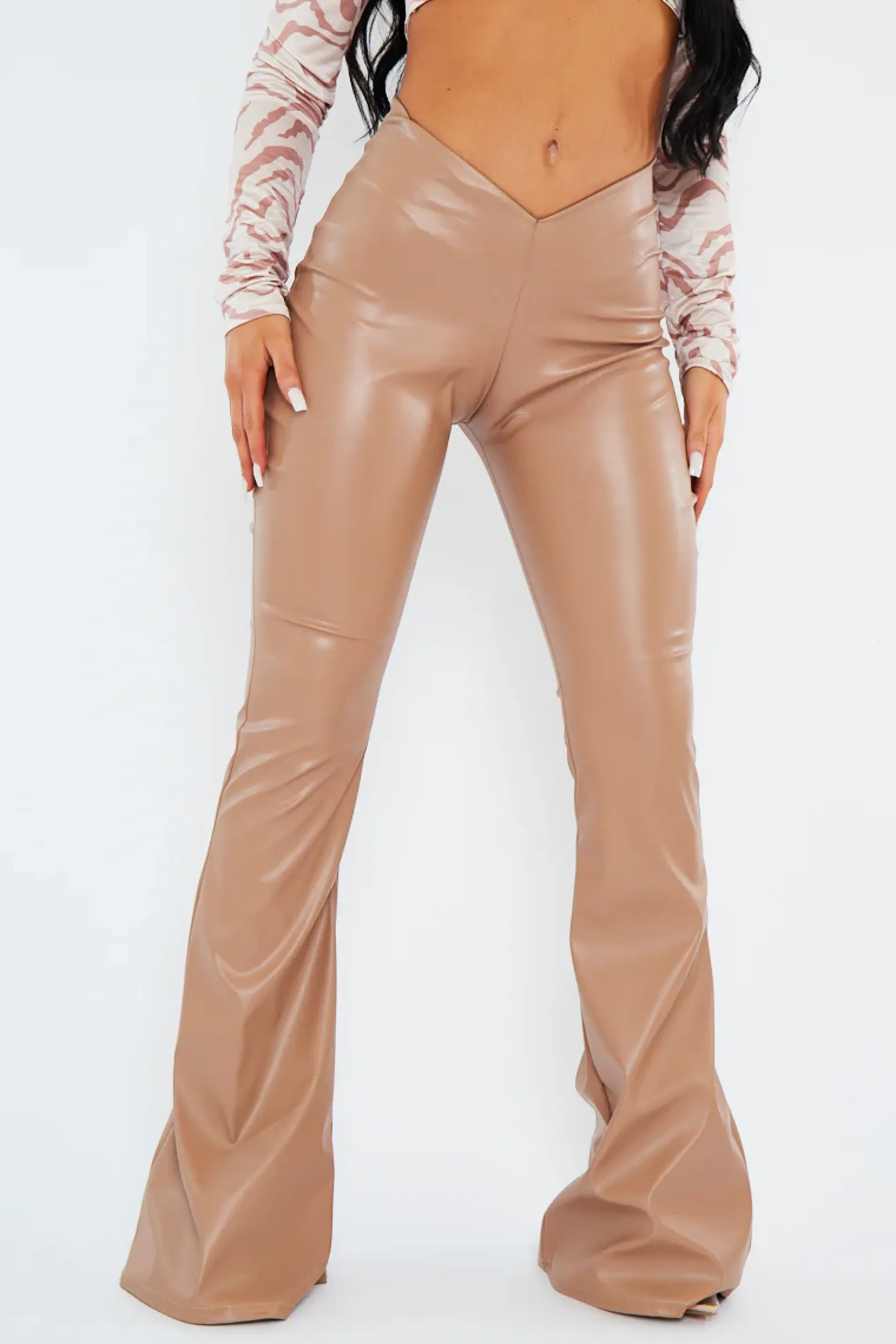 Rebellious Fashion Stone PU Leather Dipped Waist Flare Trousers - Scarlett