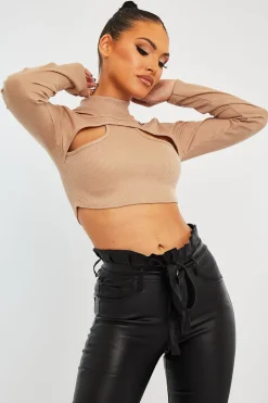 Rebellious Fashion Stone Ribbed Double Cut Out Crop Top - Graci