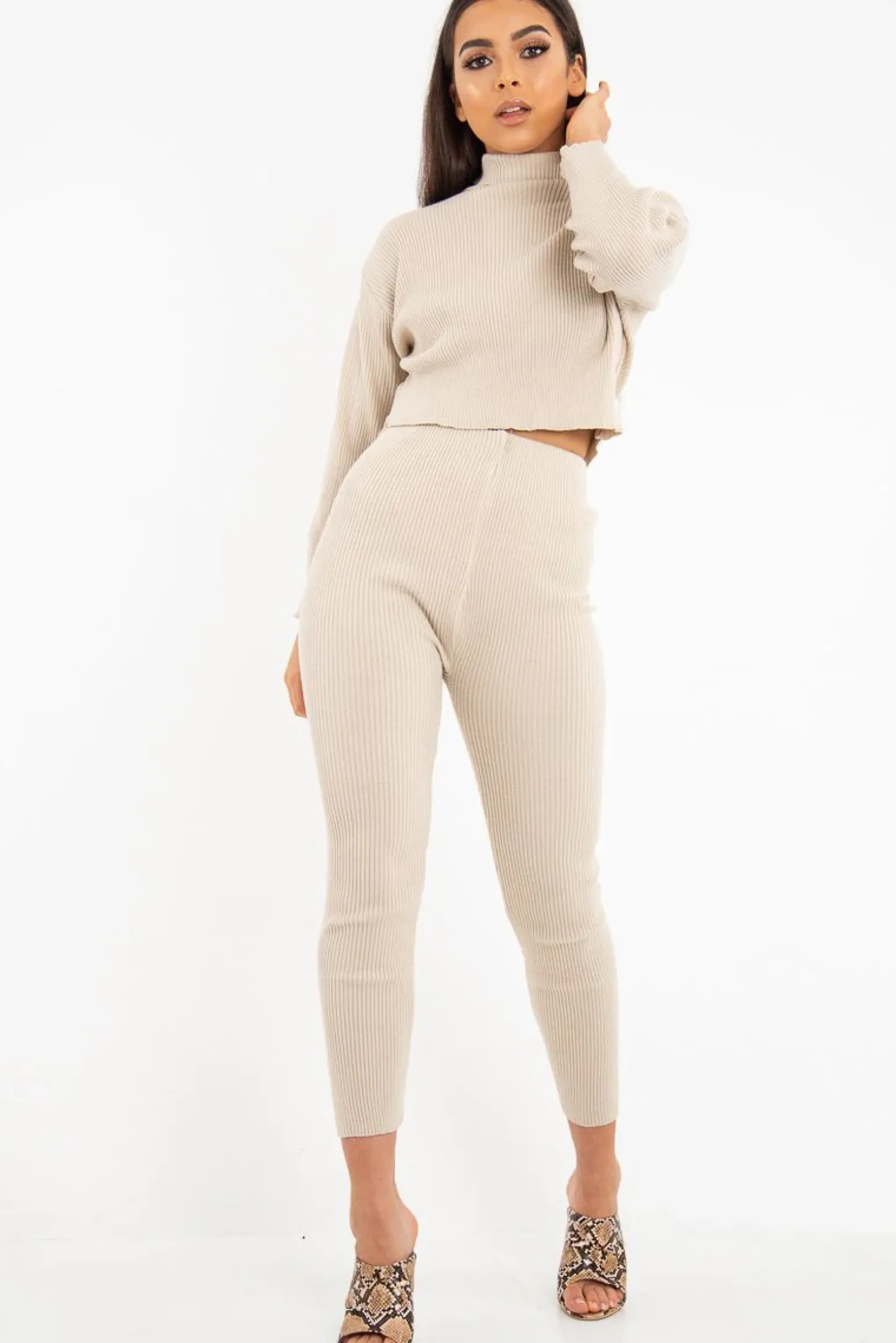 Rebellious Fashion Stone Rib Crop Jumper Loungewear Set - Ayriana