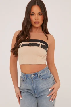 Rebellious Fashion Stone Rib Knit Belt Detail Bandeau Cropped Top - Dela