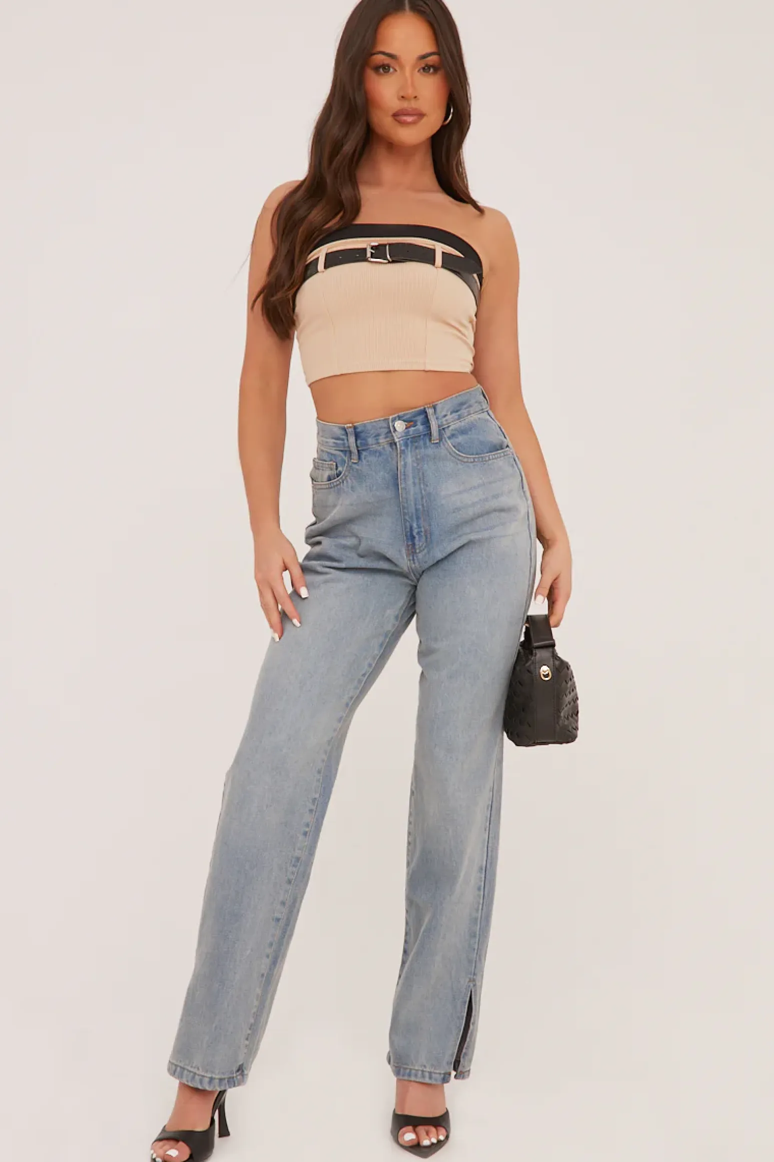 Rebellious Fashion Stone Rib Knit Belt Detail Bandeau Cropped Top - Dela