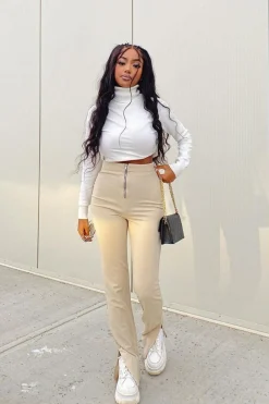 Rebellious Fashion Stone Ring Zip Front Split Side Crepe Trousers - Ashton
