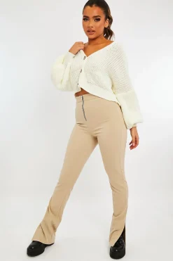 Rebellious Fashion Stone Ring Zip Front Split Side Crepe Trousers - Ashton