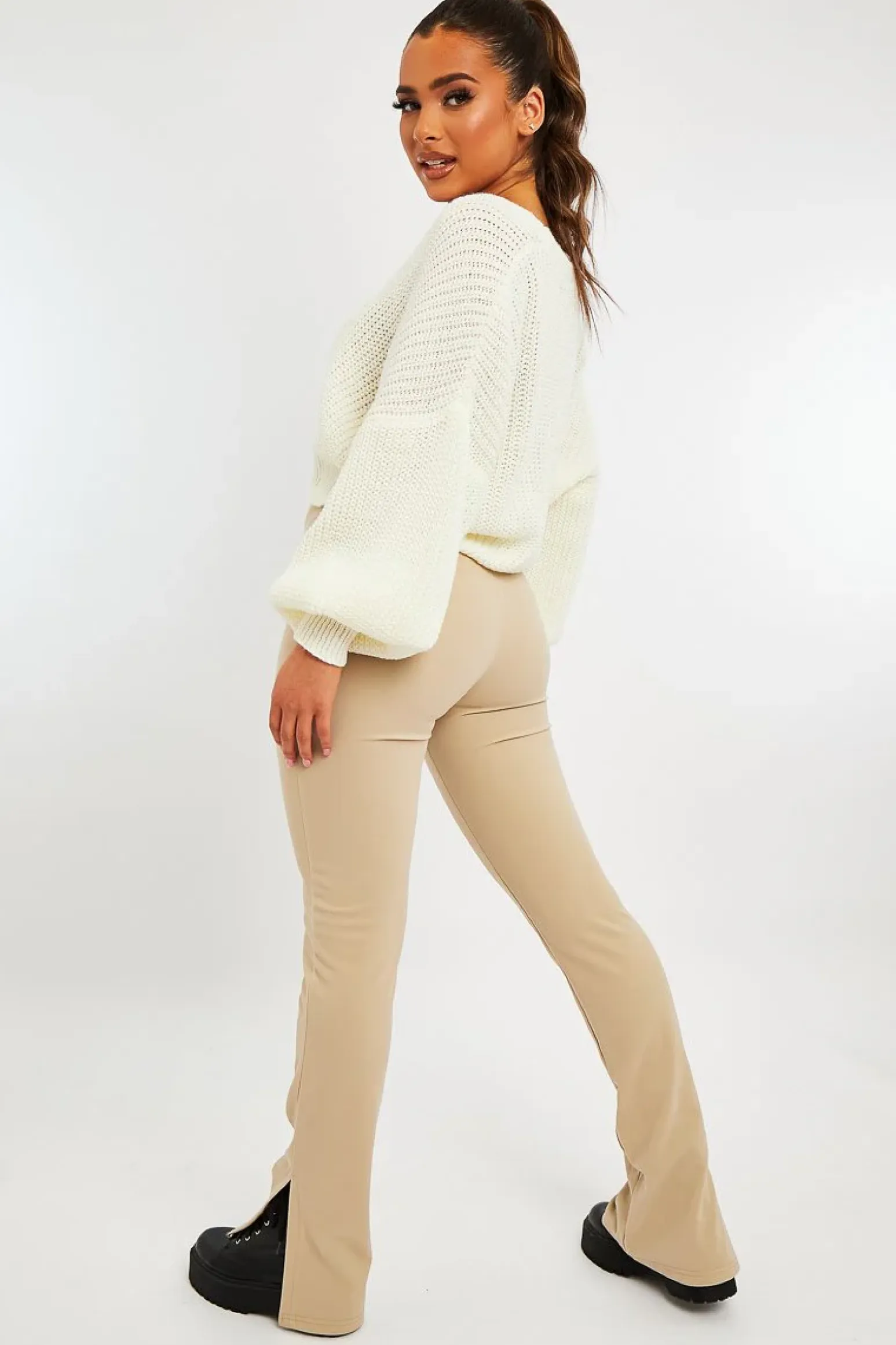 Rebellious Fashion Stone Ring Zip Front Split Side Crepe Trousers - Ashton