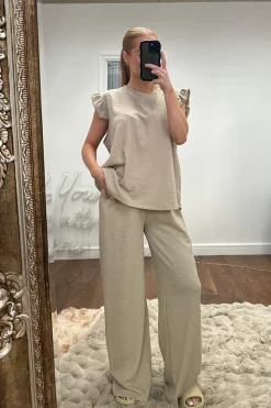 Rebellious Fashion Stone Round Neck Frill Sleeve Top & Straight Leg Trousers Co-ord Set - Ruby
