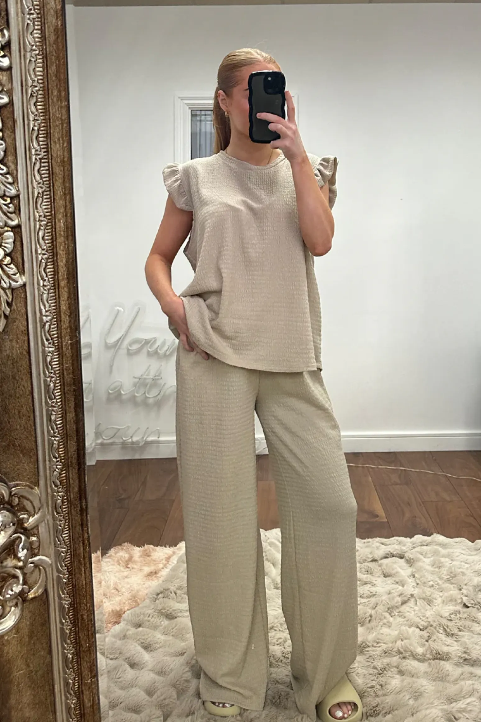 Rebellious Fashion Stone Round Neck Frill Sleeve Top & Straight Leg Trousers Co-ord Set - Ruby