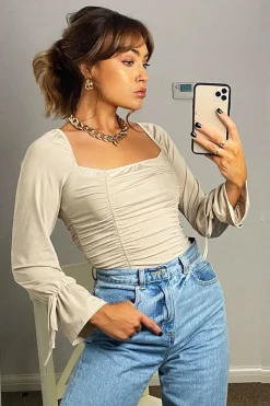 Rebellious Fashion Stone Ruched Panel Tie Wrist Slinky Bodysuit - Elenna