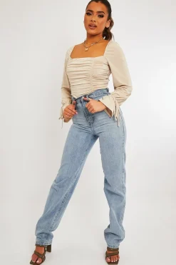 Rebellious Fashion Stone Ruched Panel Tie Wrist Slinky Bodysuit - Elenna