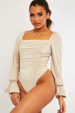 Rebellious Fashion Stone Ruched Panel Tie Wrist Slinky Bodysuit - Elenna