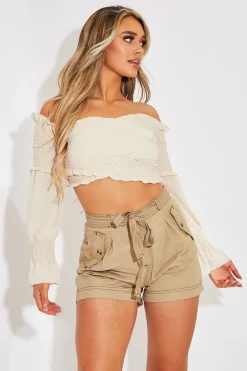 Rebellious Fashion Stone Shirred Wrap Over Bardot Crop Top - Zuri