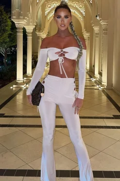 Rebellious Fashion Stone Slinky Bardot Crop Top & Lace Up Trouser Set - Shay