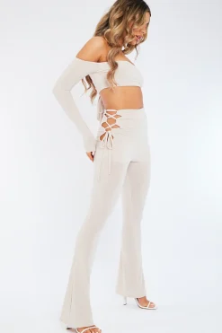 Rebellious Fashion Stone Slinky Bardot Crop Top & Lace Up Trouser Set - Shay
