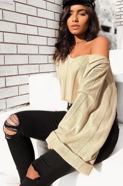 Rebellious Fashion Stone Striped Cropped Batwing Jumper - Karri