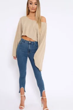 Rebellious Fashion Stone Striped Cropped Batwing Jumper - Karri