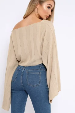 Rebellious Fashion Stone Striped Cropped Batwing Jumper - Karri