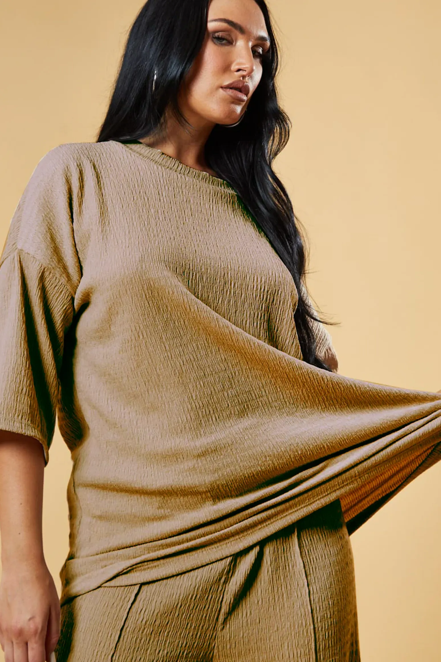 Rebellious Fashion Stone Textured Knit Trousers & Oversized Top Co-ord Set - Cecelia