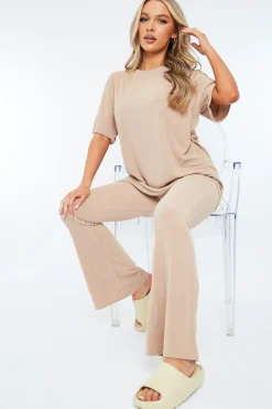 Rebellious Fashion Stone Towelling T- Shirt & Flare Trouser Set - Tania