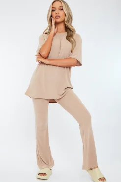 Rebellious Fashion Stone Towelling T- Shirt & Flare Trouser Set - Tania