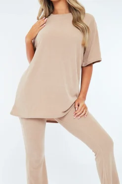 Rebellious Fashion Stone Towelling T- Shirt & Flare Trouser Set - Tania