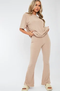 Rebellious Fashion Stone Towelling T- Shirt & Flare Trouser Set - Tania