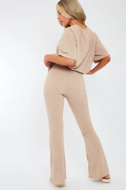 Rebellious Fashion Stone Towelling T- Shirt & Flare Trouser Set - Tania