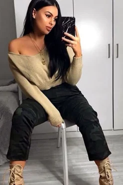 Rebellious Fashion Stone V Neck Off Shoulder Knitted Cropped Jumper - Kirby