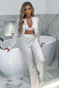 Rebellious Fashion Stone Wave Print Wide Leg Trousers - Sierra