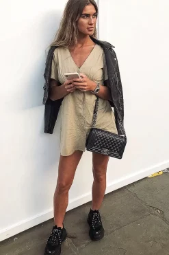 Rebellious Fashion Stone Woven Plunge Button Front Mini Dress - Alyx