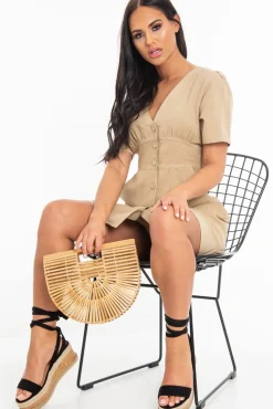 Rebellious Fashion Stone Woven Plunge Button Front Mini Dress - Alyx