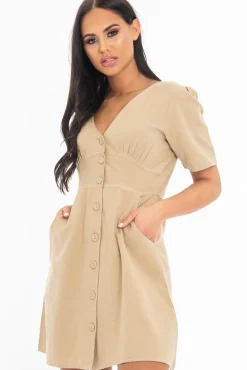 Rebellious Fashion Stone Woven Plunge Button Front Mini Dress - Alyx