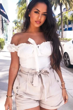 Rebellious Fashion Stone Woven Tie Waist Tailored Shorts - Perrie