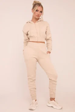 Rebellious Fashion Stone Zip Front Elasticated Detail Loungewear Co-ord Set - Carmel